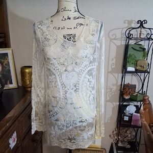 Phase One Y2k Cream Lace Women Boho Cover Up Tunic Top Medium